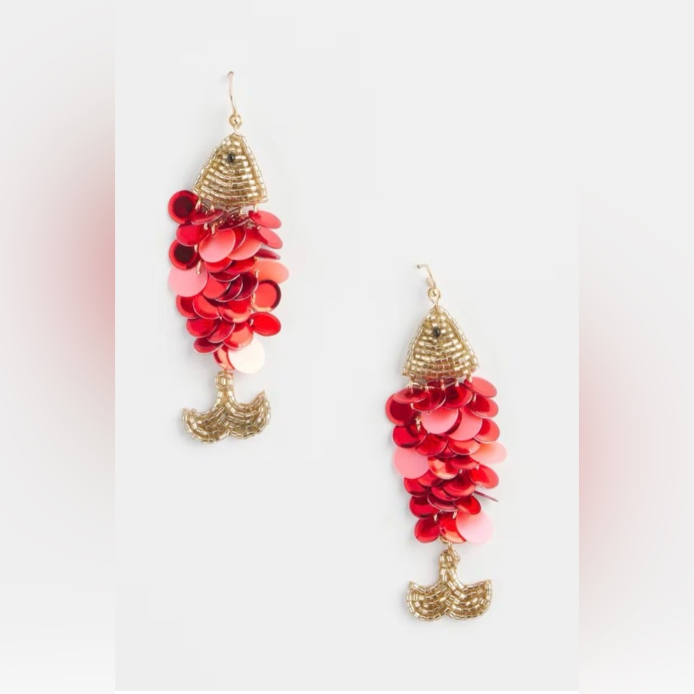 NEW CHICO’S No Droop(R) Deep Dive Collection Red and Gold Earrings Sequins Fish